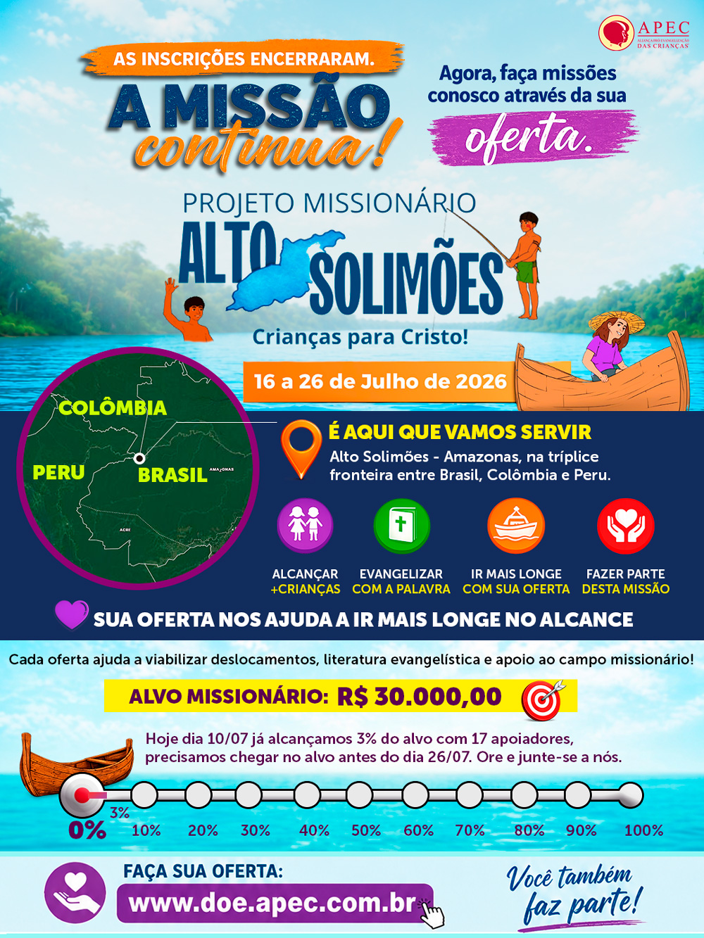 Projeto Missionário Alto Solimões - faça parte através da sua oferta